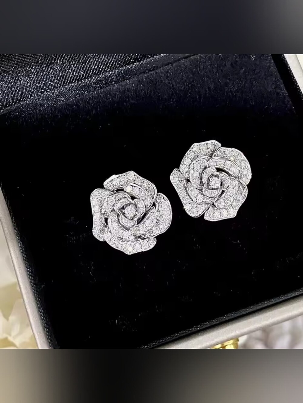 White Rhodium Swarovski Camellia Earrings
